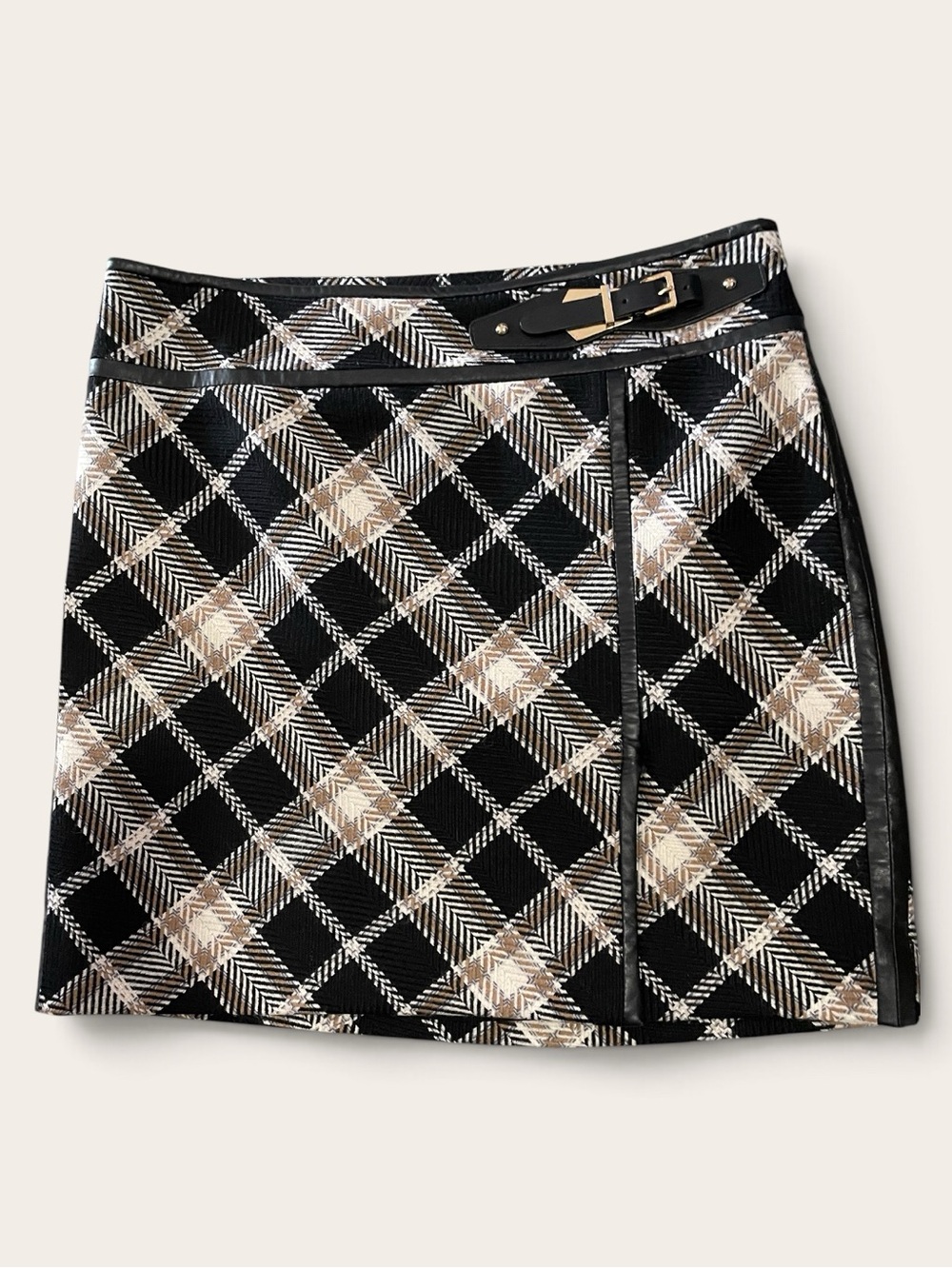 #196, White House Black Market Black & Beige Plaid Mini Skirt with Buckle Trim